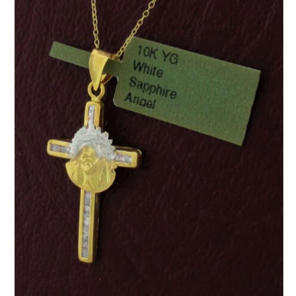Jesus Face Cross Pendant Necklace 10k Yellow Gold